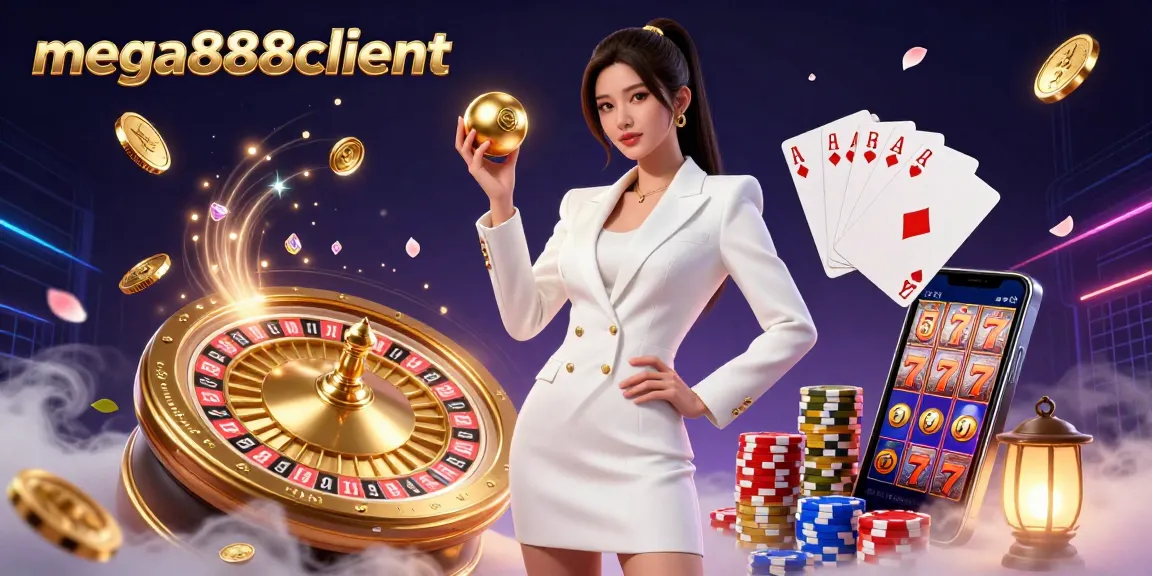 Experience mega888client with our vibrant casino-themed illustration featuring dynamic gaming elements.