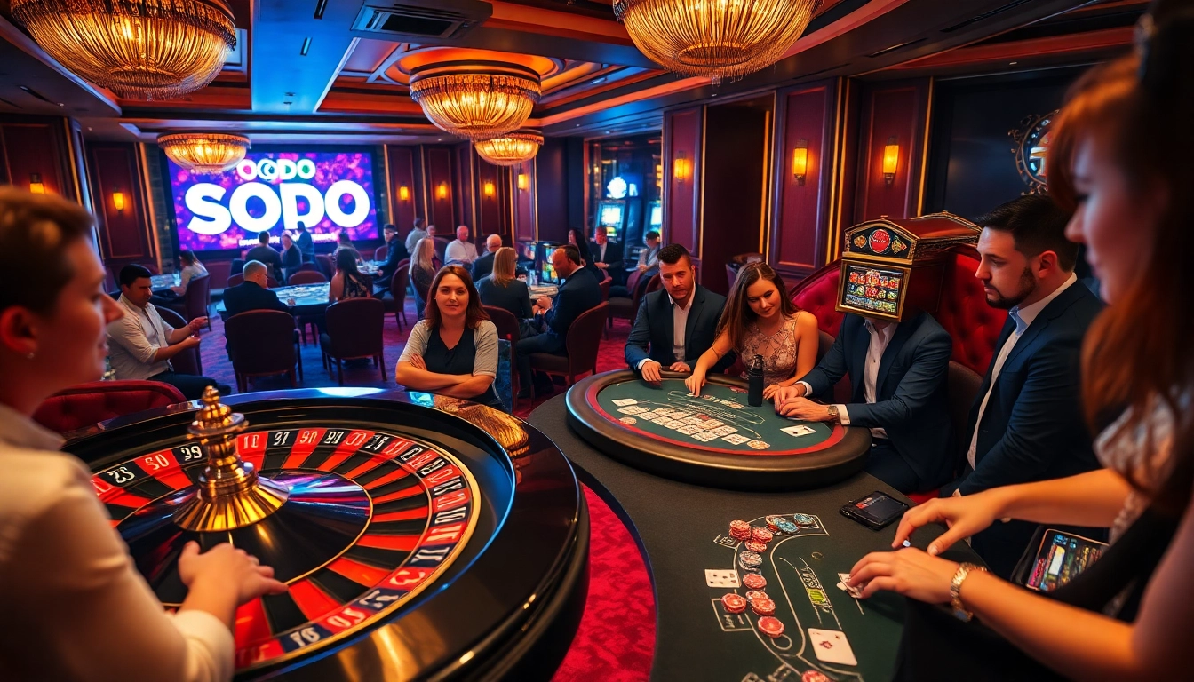 Experience the thrill of SODO66 with gamblers enjoying poker and roulette in a luxurious casino.