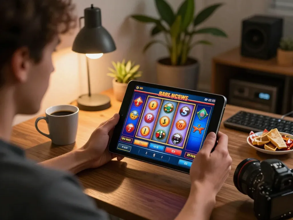 Player engaging with TR88 mobile casino app on tablet, showcasing vibrant slot game excitement.