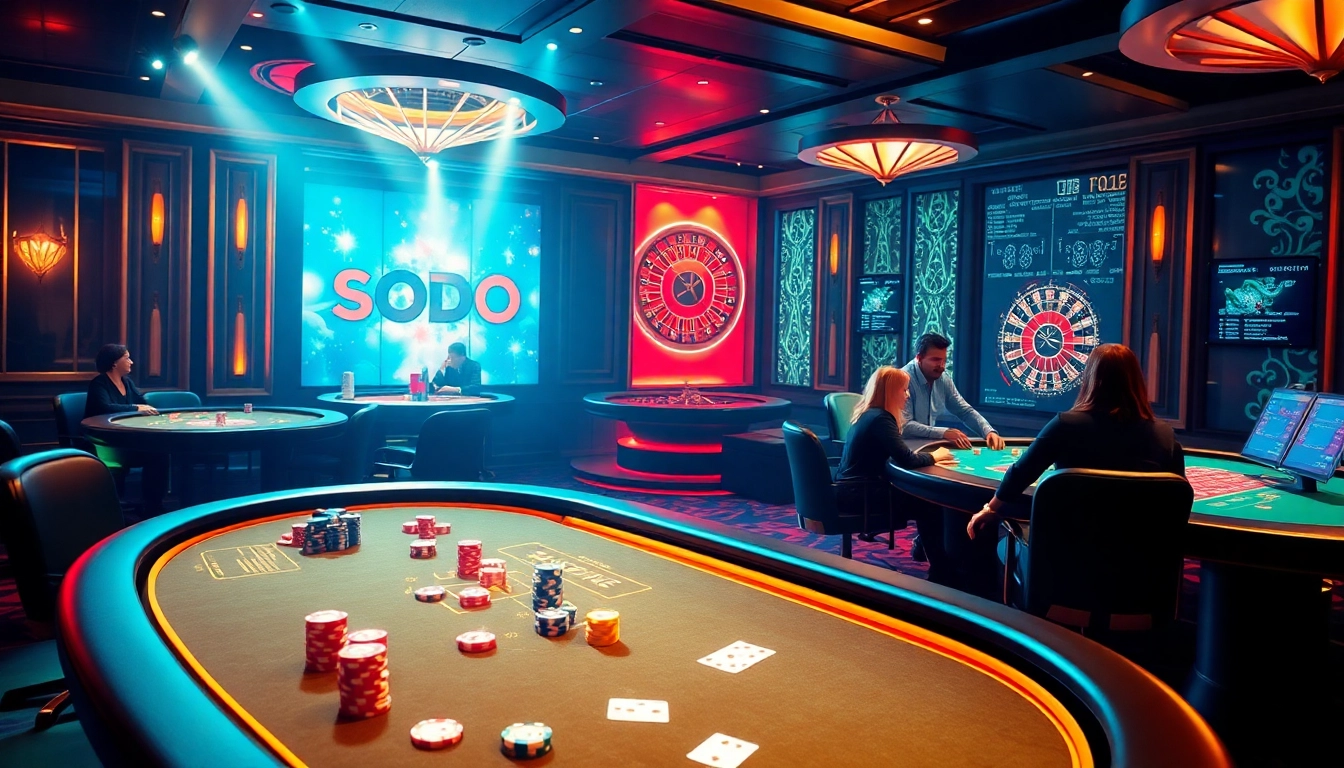 SODO Casino players engaging in poker and roulette in a luxurious casino environment