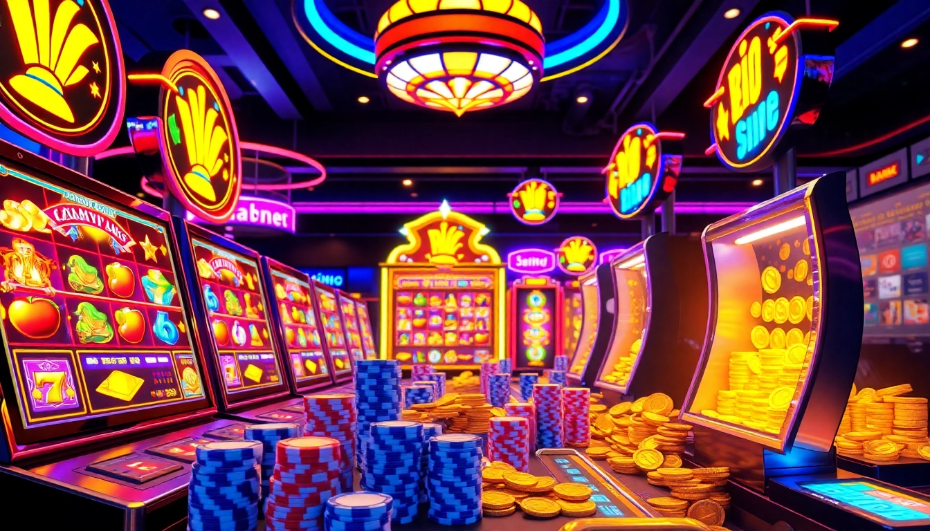 Exciting game nổ hũ slot machines lighting up with jackpot wins and vibrant betting chips