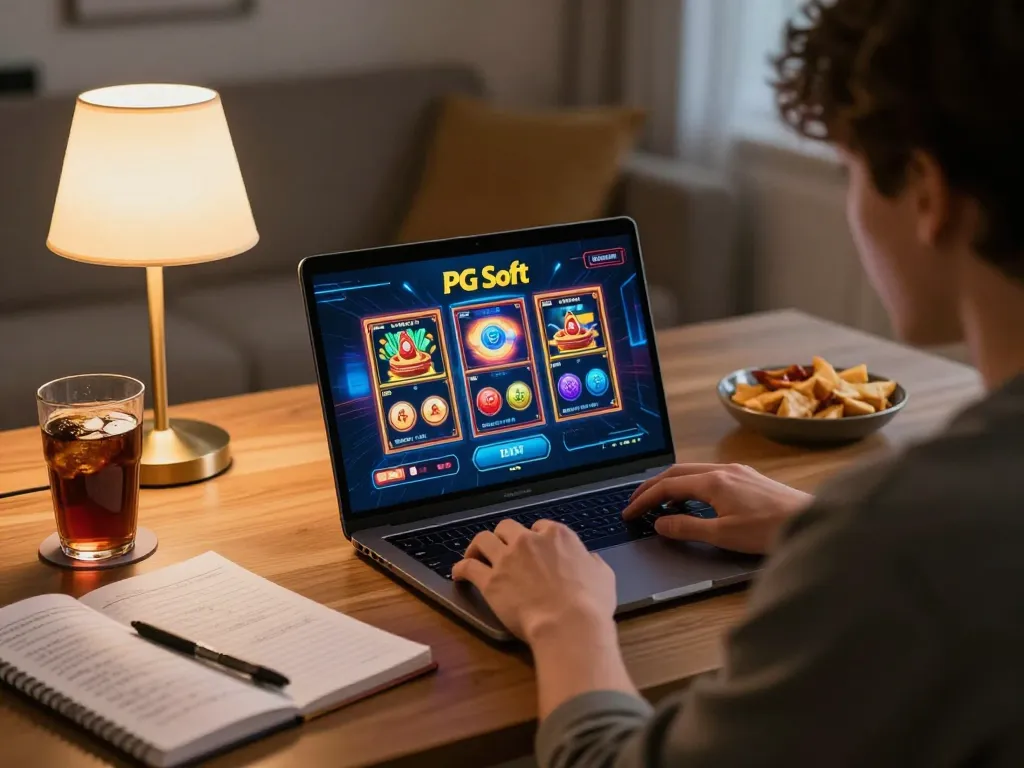 Permainan menarik dari slot Demo PG Soft di laptop di rumah, menampilkan pengalaman bermain yang menyenangkan.