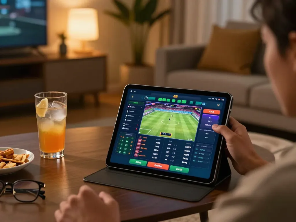 ku88 user enjoying online betting at home with tablet, showing live sports odds and relaxed atmosphere