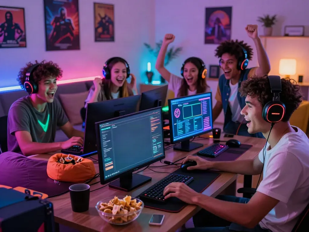 Group of friends gaming on akunjp setup in vibrant urban living room.
