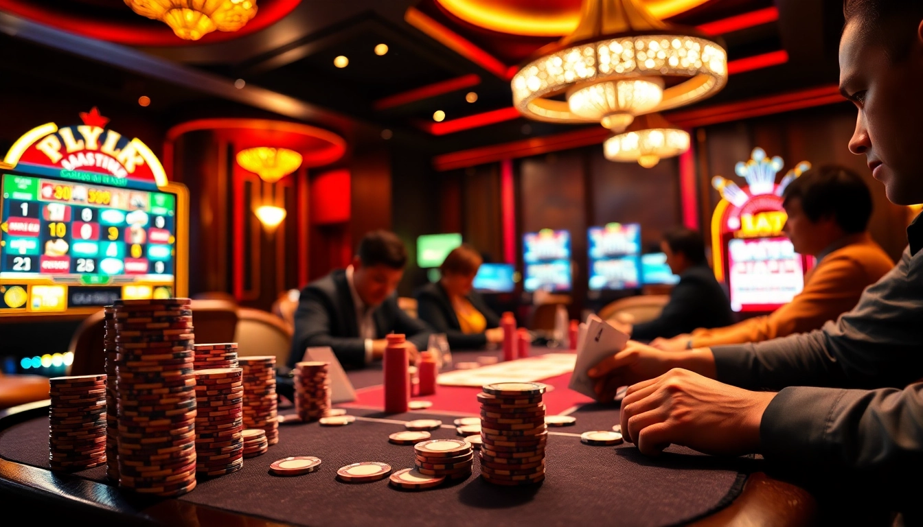 Players engaging intensely at a high-stakes poker table at lc88 casino, surrounded by vibrant casino elements.