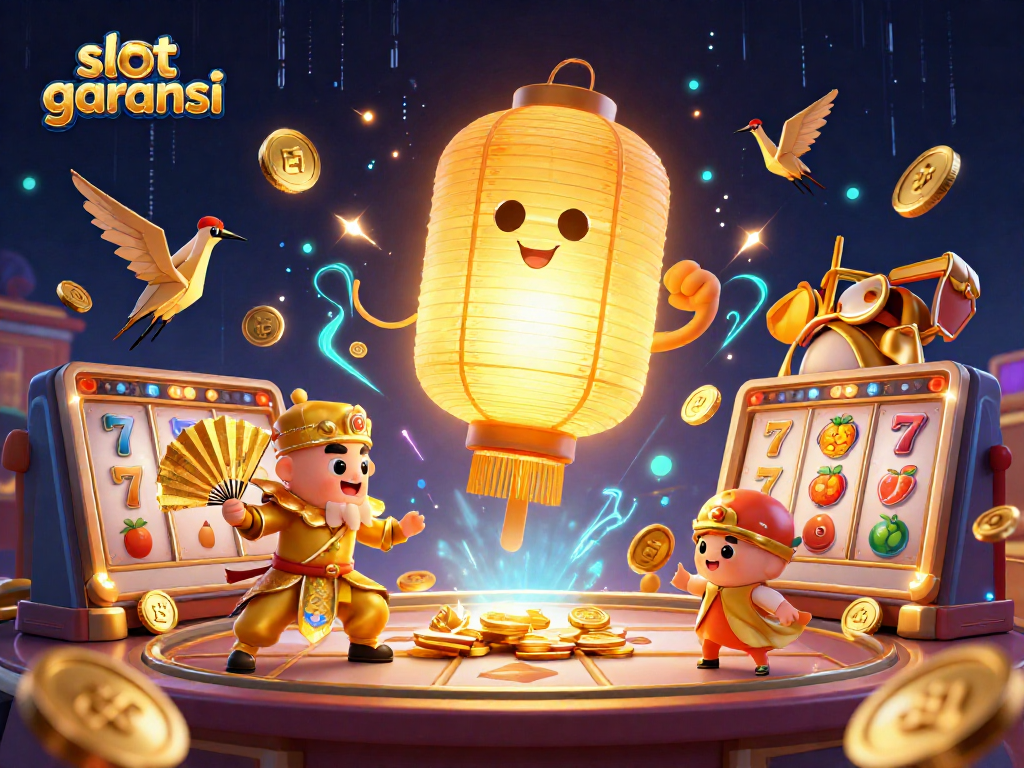 Experience the thrill of slot garansi with dynamic characters and vibrant elements hovering in a casino atmosphere.