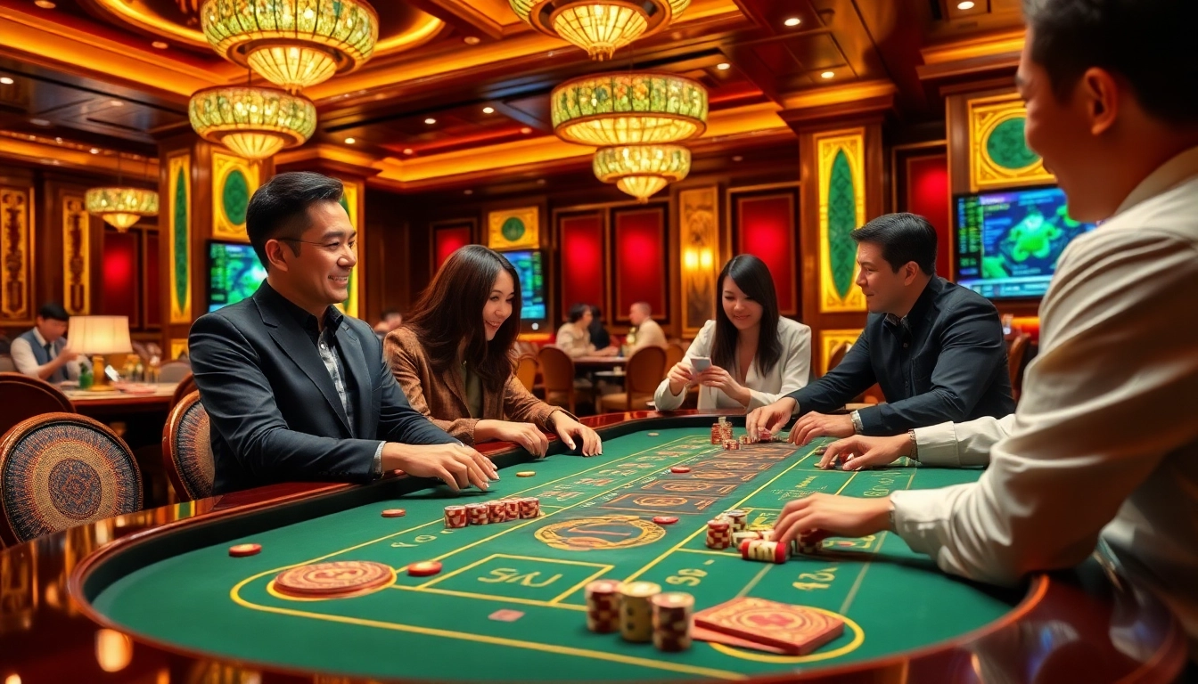 Players enjoying game tài xỉu md5 at a luxury casino table surrounded by vibrant colors and excitement.