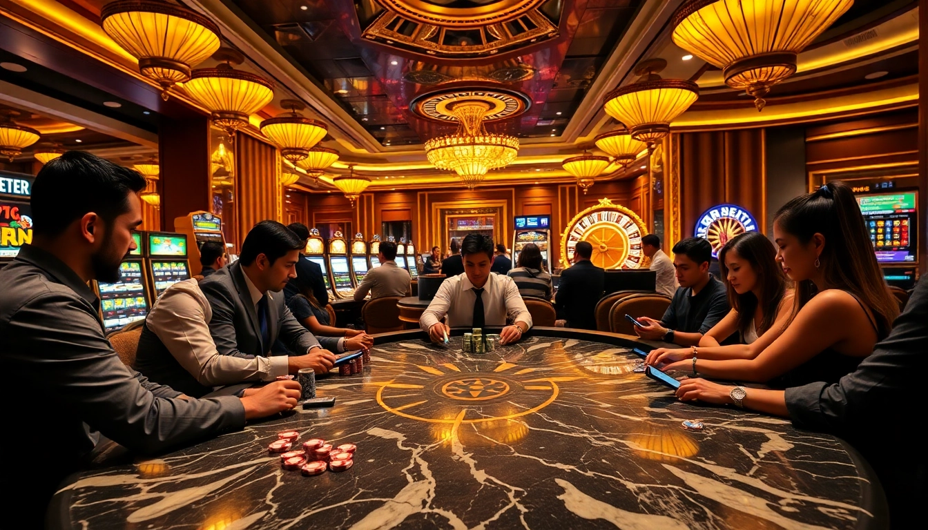 Engaged players enjoy a thrilling poker game at the casino, with chip stacks symbolizing Okking's excitement in gambling.