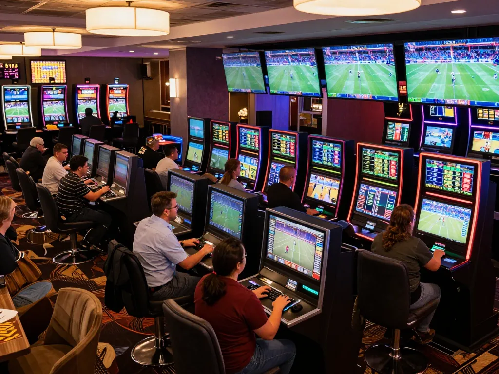 Placing bets in a vibrant sports betting area with screens showing odds at bet789.