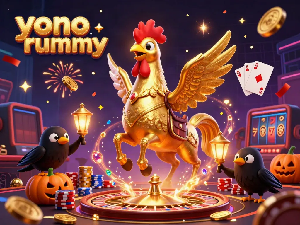 Yono rummy menyajikan pengalaman bermain ceria dengan koin emas dan lampion terang di kasino malam.