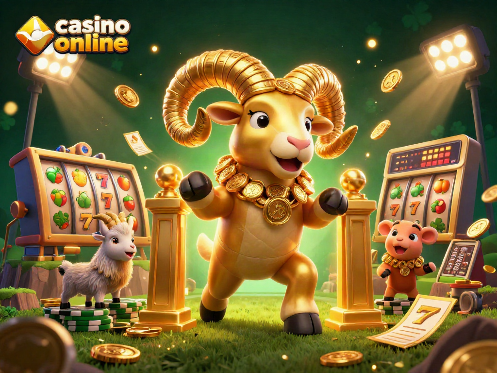 Experience thrilling casino online gameplay with a golden ram charging amidst vibrant slot reels.