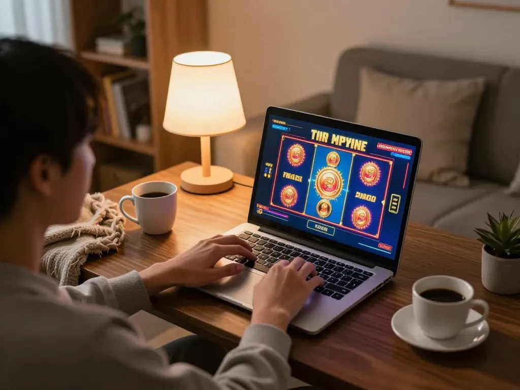 Engaged player enjoying slot online gaming on laptop in comfortable home setting.