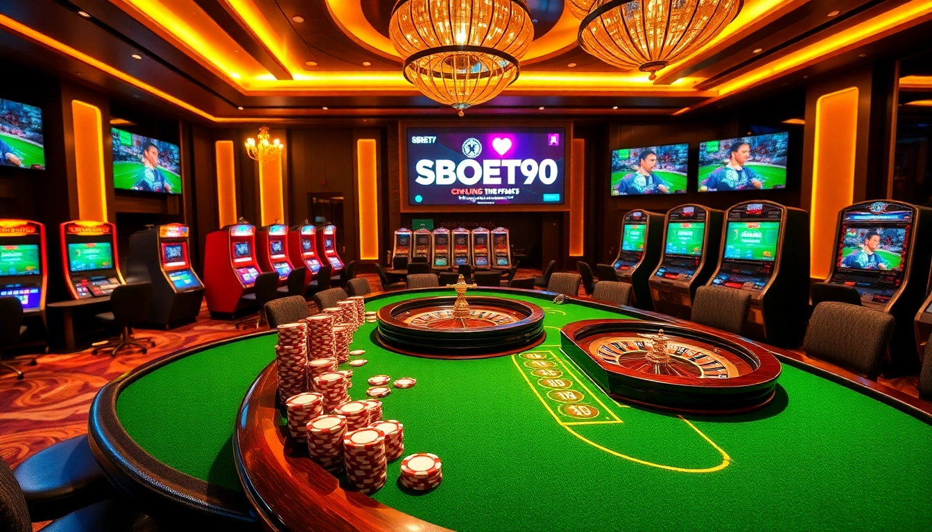 SBOBET90 sports betting scene with poker chips, roulette wheel, and engaged players in a luxurious casino.