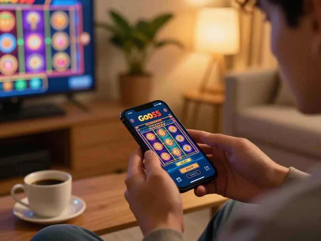 Playing God55 on a mobile app in a cozy living room, highlighting an engaging gaming experience.