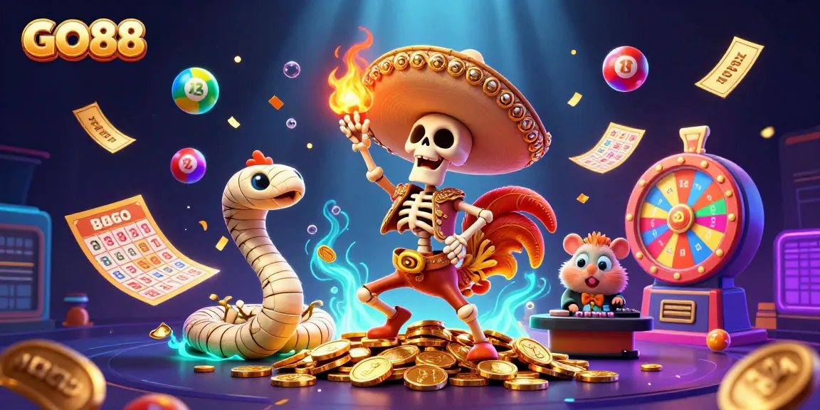 Experience exciting gameplay with GO88, featuring vibrant characters, colorful elements, and casino excitement.
