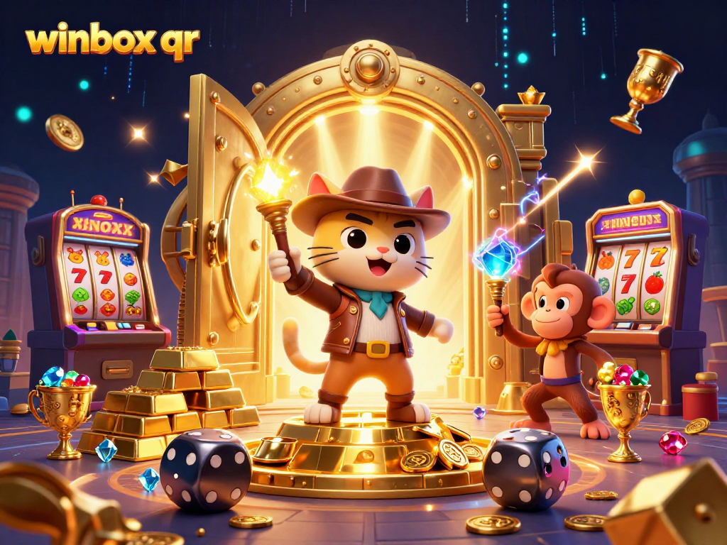 Engage with winbox qr through vibrant casino adventure featuring explorers and slot symbols.