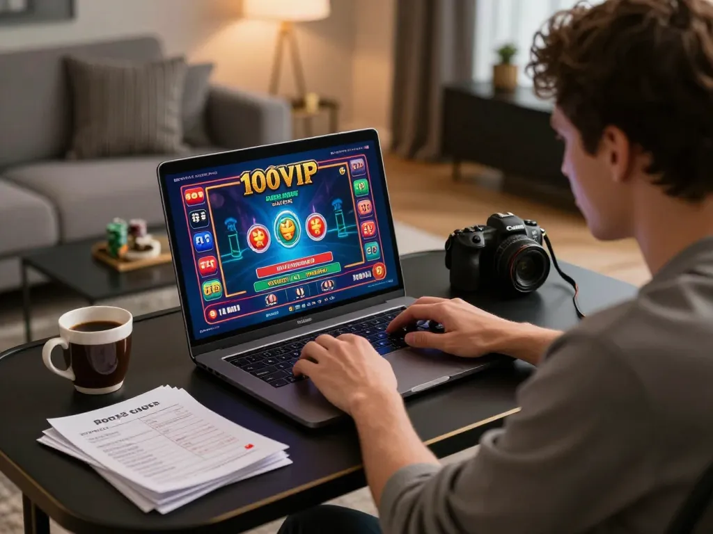 Player engaged in intense gameplay at 100VIP online casino, showcasing vibrant game graphics on a laptop screen.