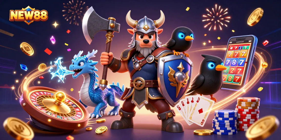 Join the action at NEW88 with a Viking wolf warrior, fierce dragon, and vibrant casino elements.