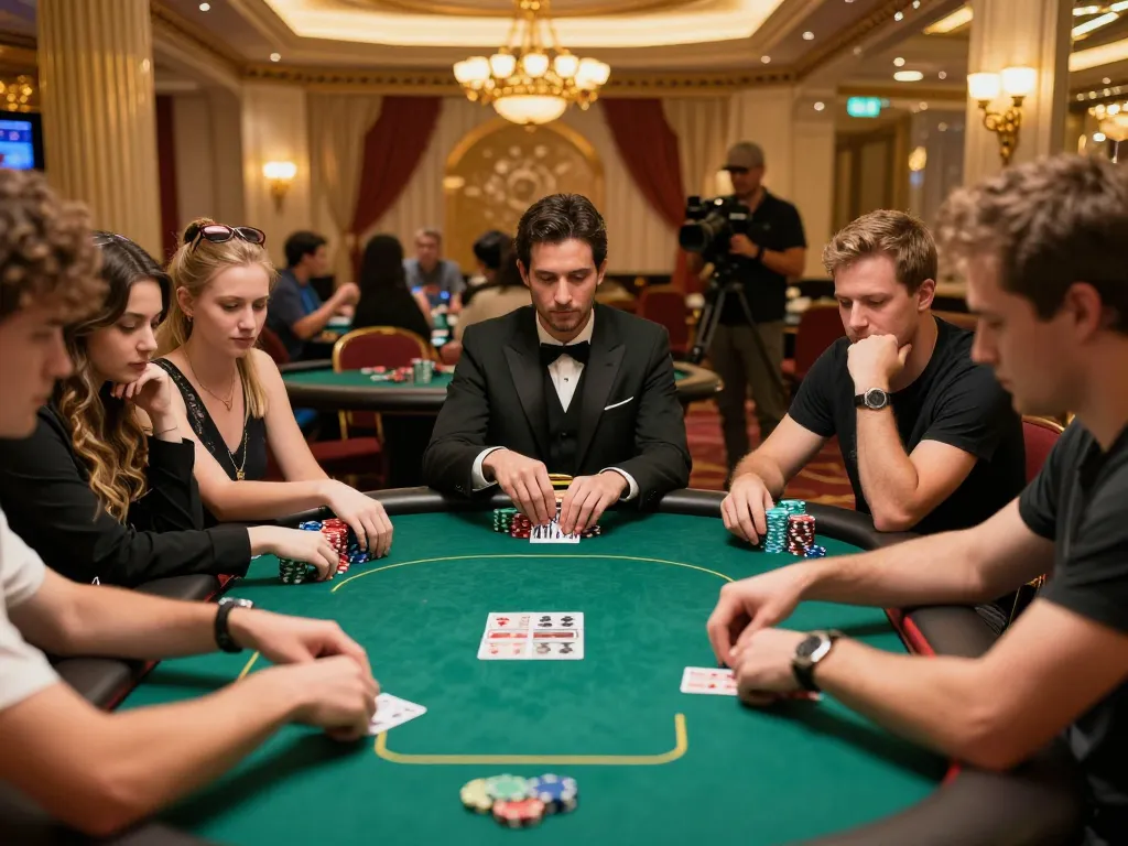 Players strategizing at a high-stakes poker table in a luxurious casino, capturing the essence of 388bet gaming.