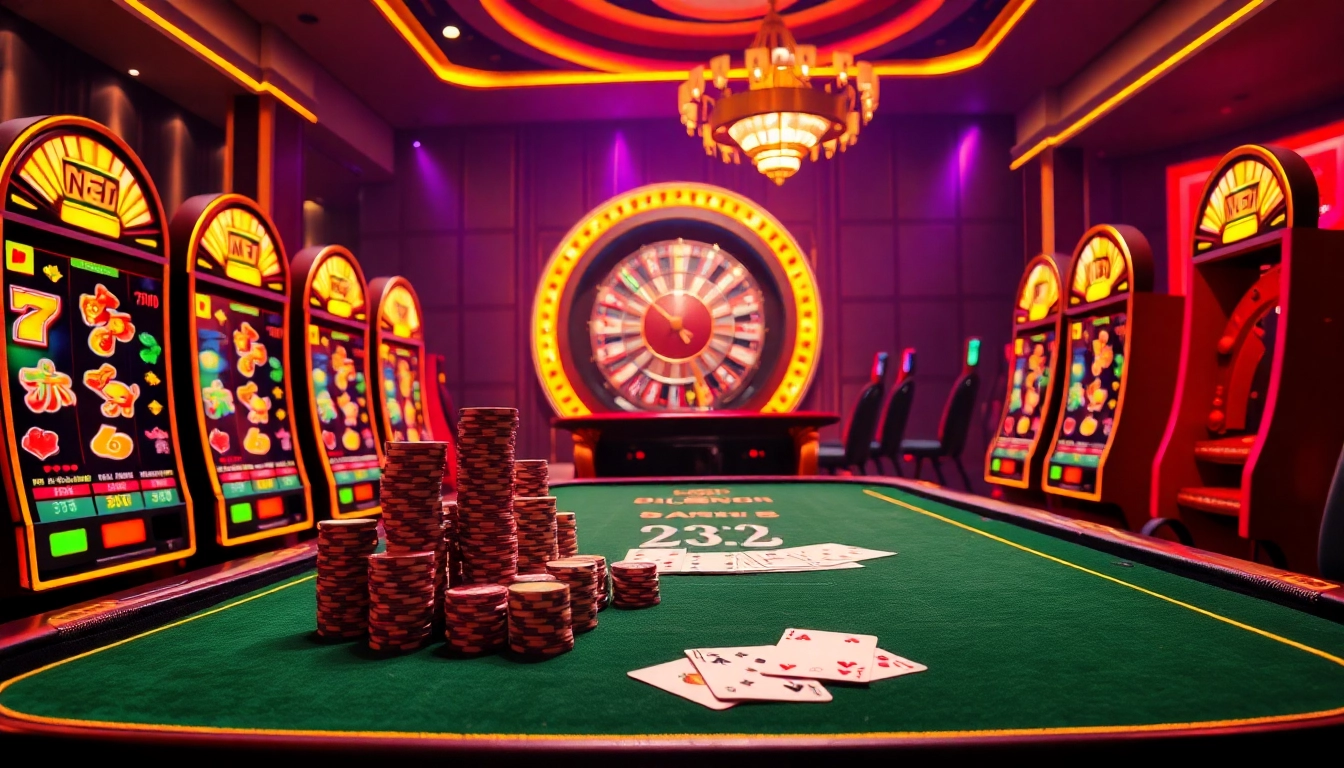 Engaging players in nổ hũ slot games at a vibrant casino, featuring colorful machines and poker action.