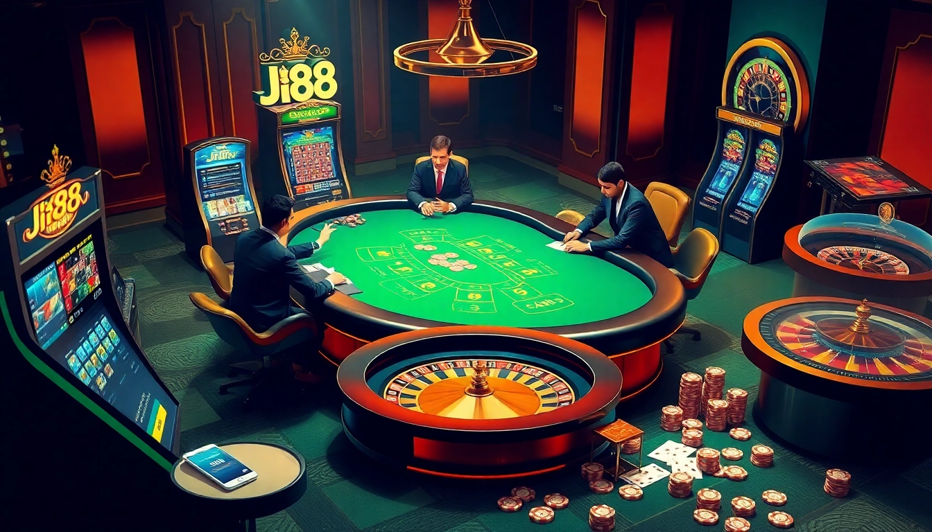 J88 players engaging in an exciting poker game at a luxurious online casino.