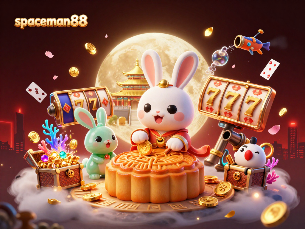 spaceman88 showcases a vibrant casino scene with a moon rabbit and poker elements revealing winning jackpots