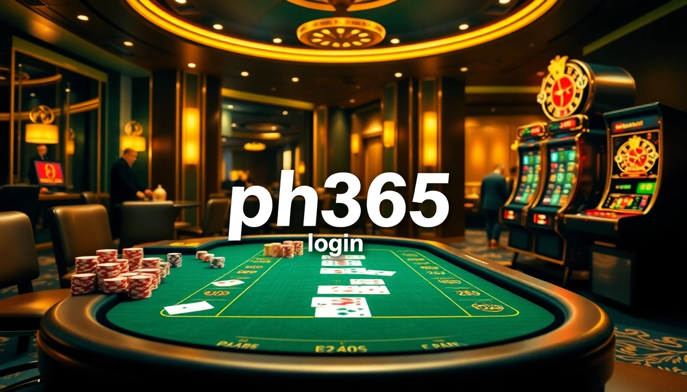 Experience seamless access with ph365 login at a vibrant online casino scene filled with poker chips, cards, and a roulette wheel.