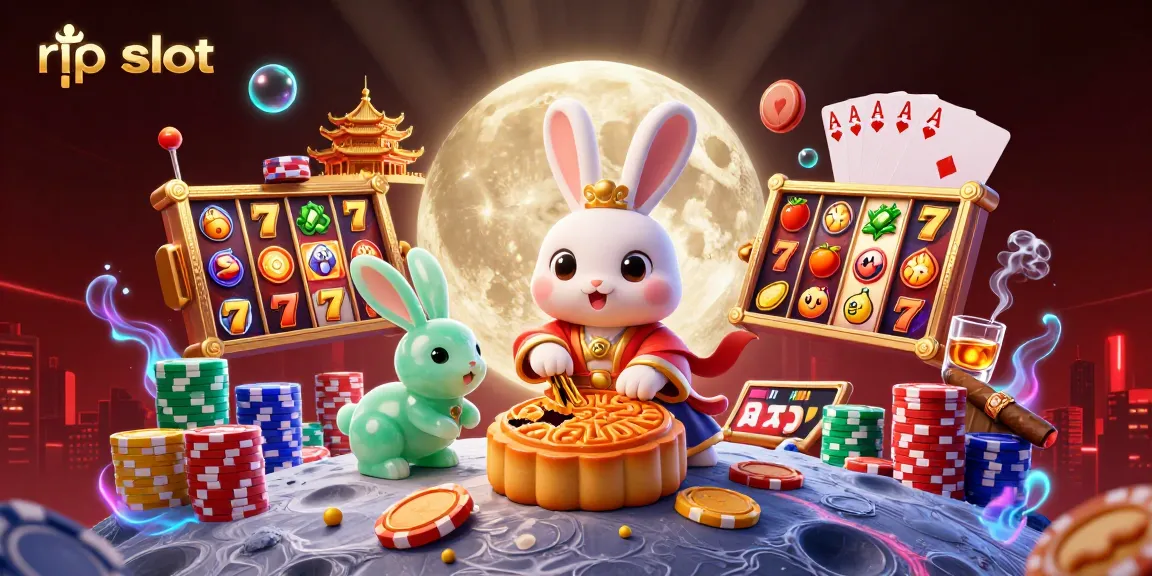 Engage with rtp slot features: animated moon rabbit reveals poker chips and jackpot symbols.