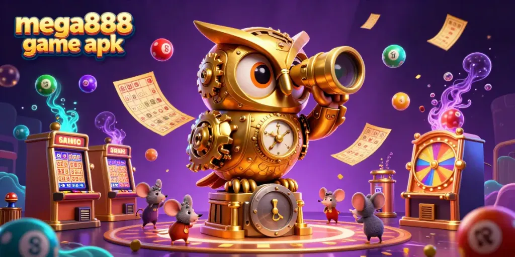 Experience the thrill of mega888 game apk with a lively casino scene featuring a golden owl and colorful lottery elements.