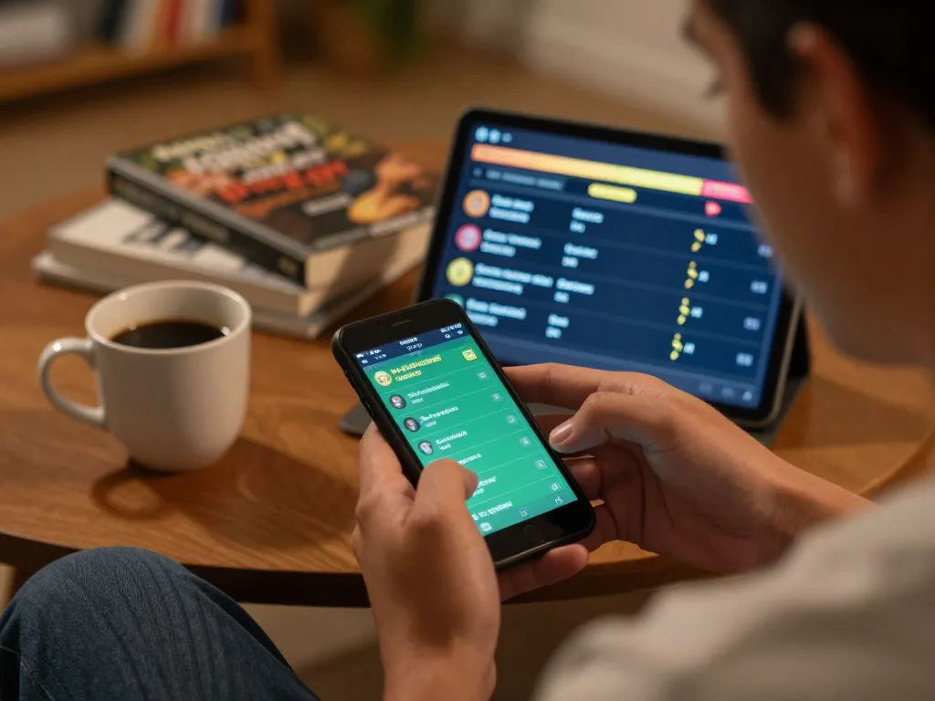 Nyalabet player analyzing betting odds on smartphone for responsible gambling.