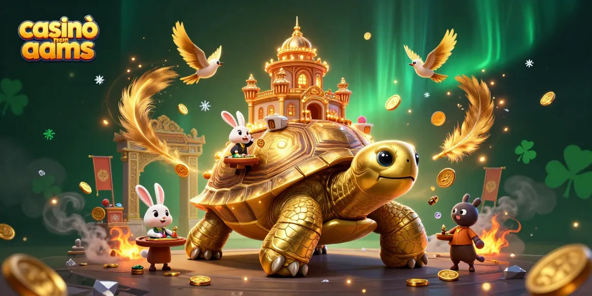 Partecipa a un gameplay emozionante nei casinò non AAMS con illustrazioni vivaci di una tartaruga e un dealer coniglio dorato.