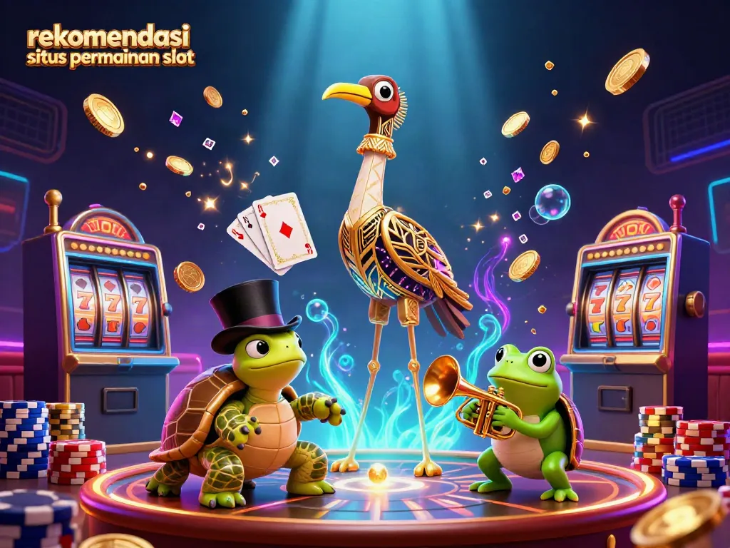 Ilustrasi rekomendasi situs permainan slot dengan koin emas berjatuhan dan karakter 3D berwarna-warni.