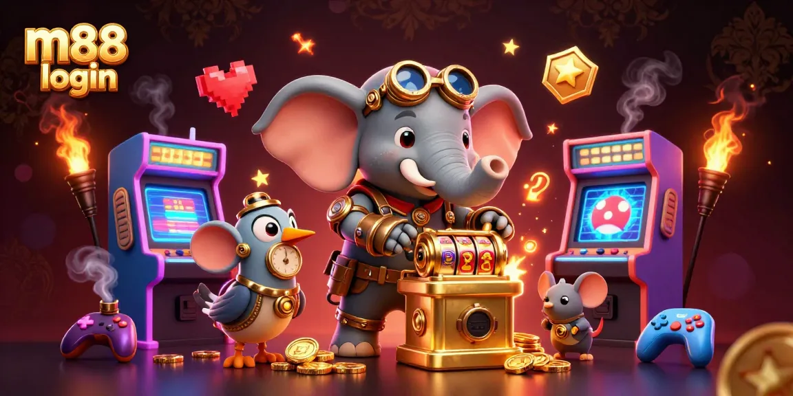 Spin the reels at m88 login with a vibrant steampunk elephant and retro gaming icons.