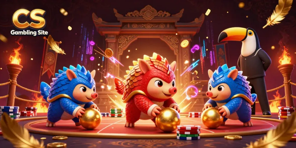 Bowl through chips in a vibrant CS Gambling Site scene with lively pangolins and glowing elements.