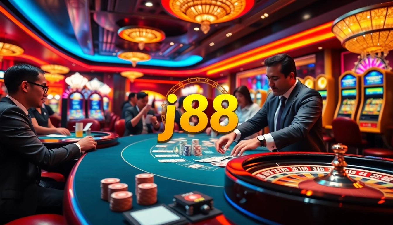 Experience the thrill of j88 gaming with an exciting casino atmosphere full of vibrant colors and action.