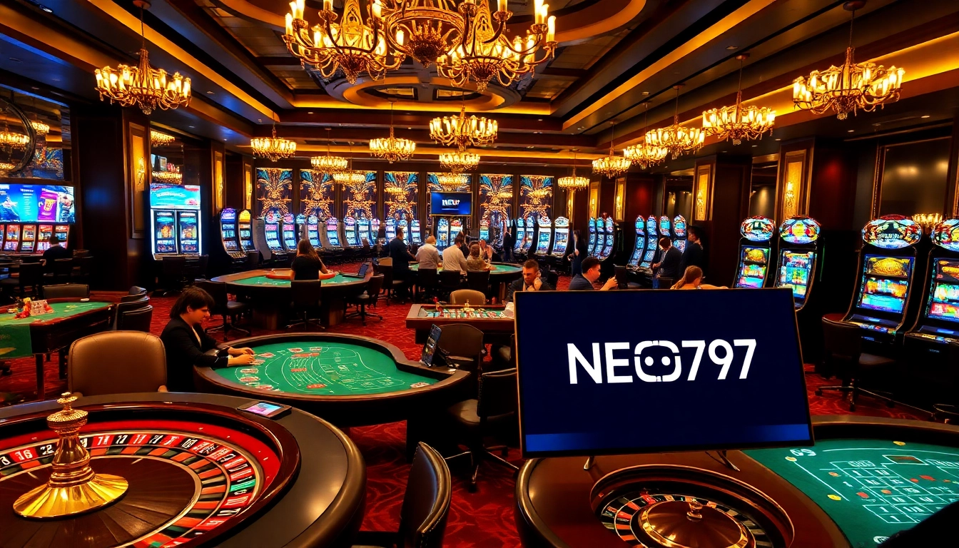 Players enjoying the excitement of casino games at NEO79 with vibrant tables and dynamic gambling elements.
