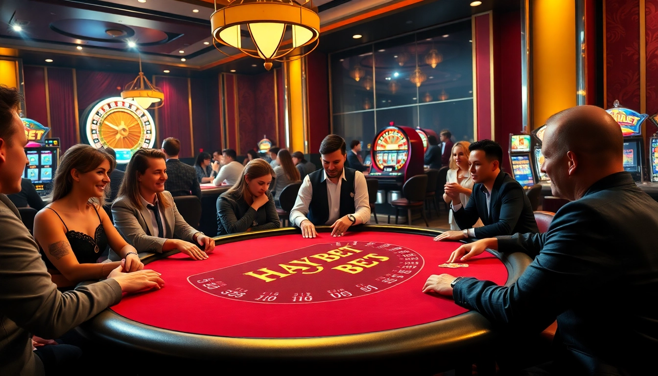 Excited players enjoying poker at the HAYBET casino, with vibrant lights and professional ambiance.