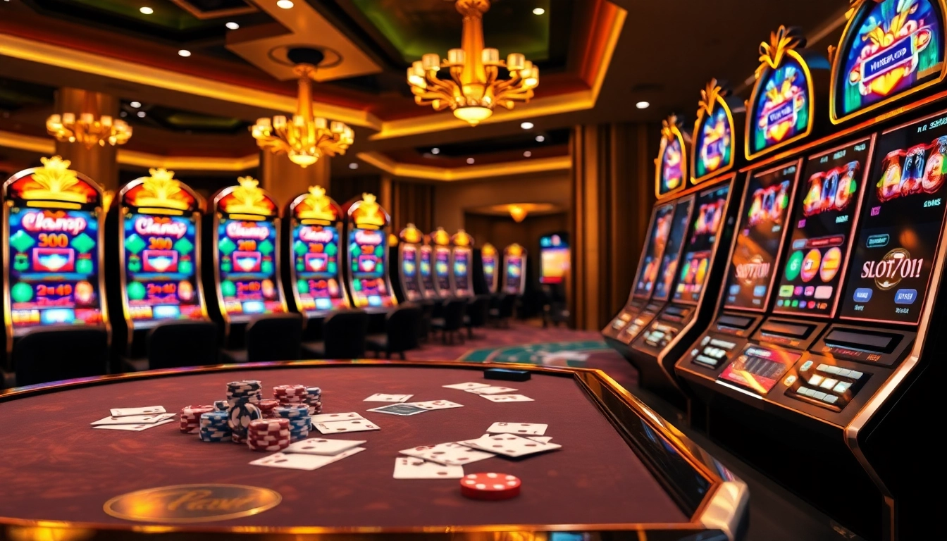 Engaging scene of slot777 online gambling with vibrant slot machines and casino elements.