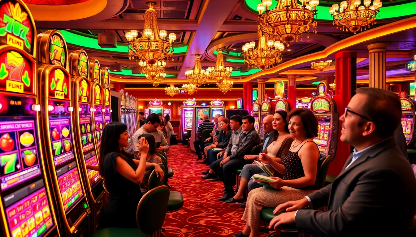 A group of enthusiastic players engaging with colorful slot machines, showcasing excitement in a luxurious casino environment.