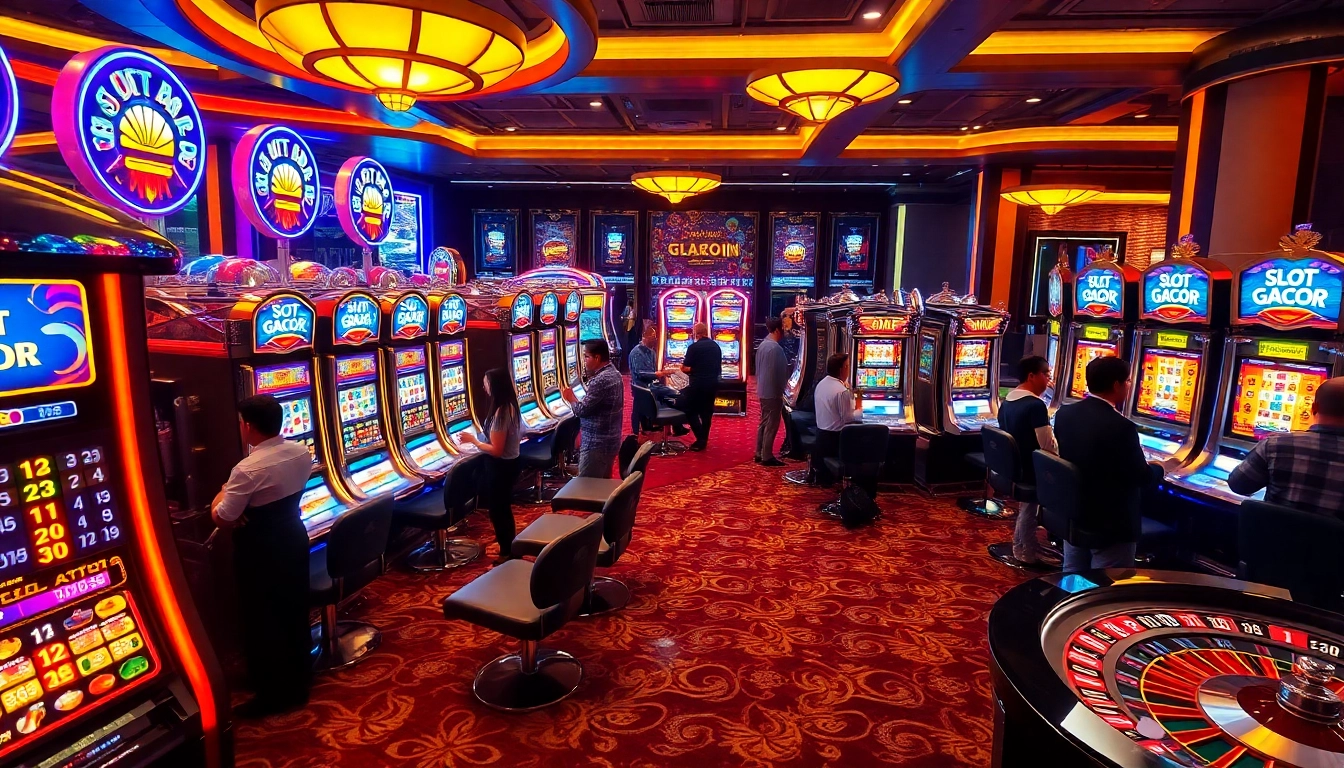 Exciting players engaging with slot gacor machines in a luxurious casino setting.