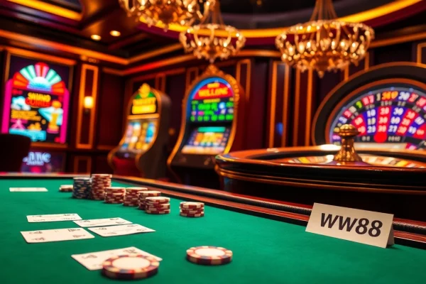 Engage in thrilling casino experiences with ww88 poker chips and roulette wheel in a luxurious setting.