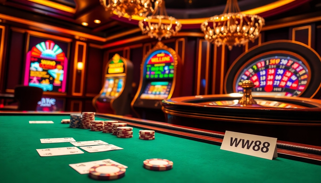 Engage in thrilling casino experiences with ww88 poker chips and roulette wheel in a luxurious setting.