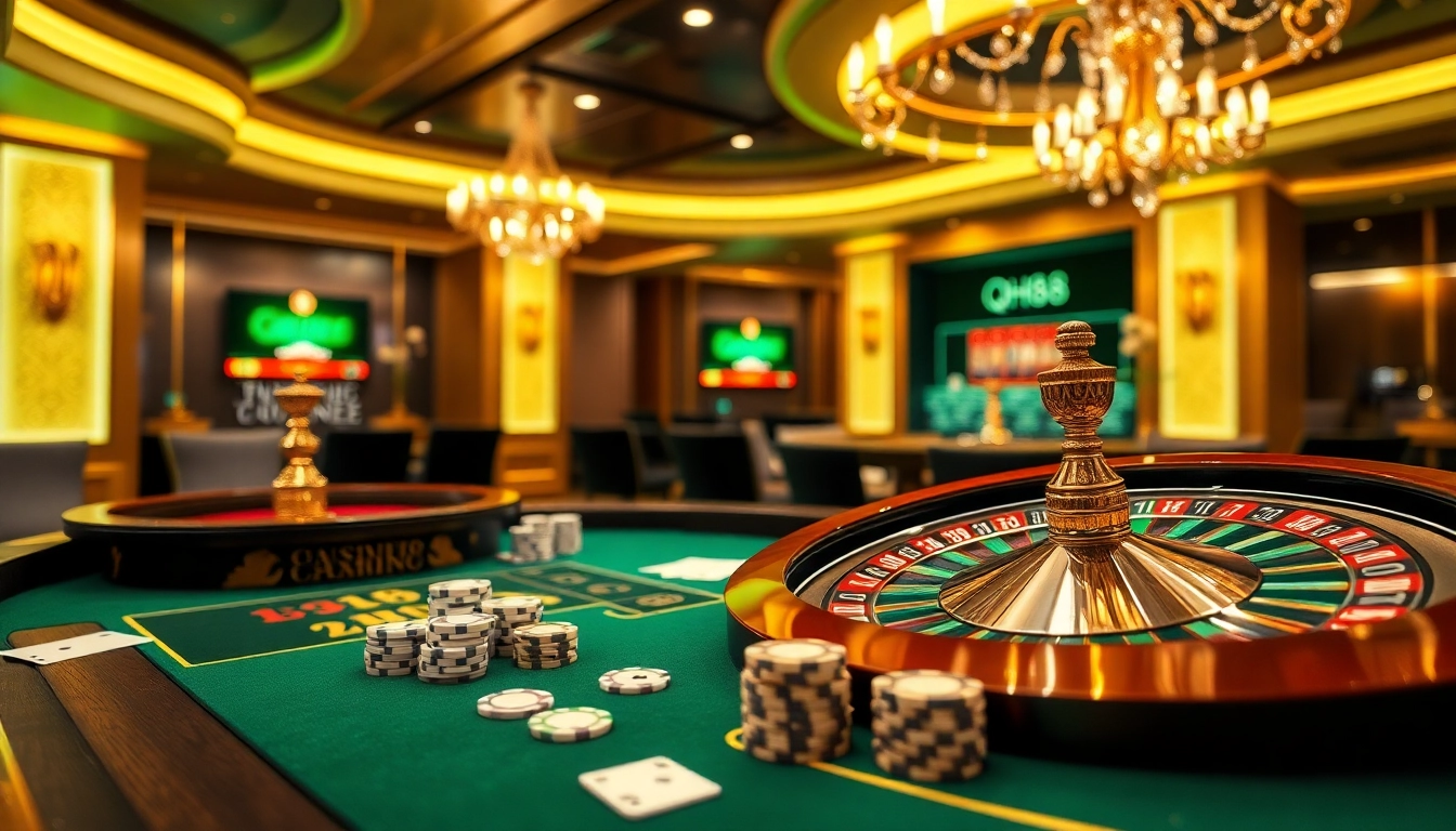 Engage with qh88's exciting online casino gaming featuring roulette, poker chips, and vibrant colors.