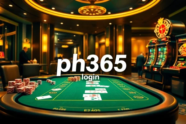 Experience seamless access with ph365 login at a vibrant online casino scene filled with poker chips, cards, and a roulette wheel.