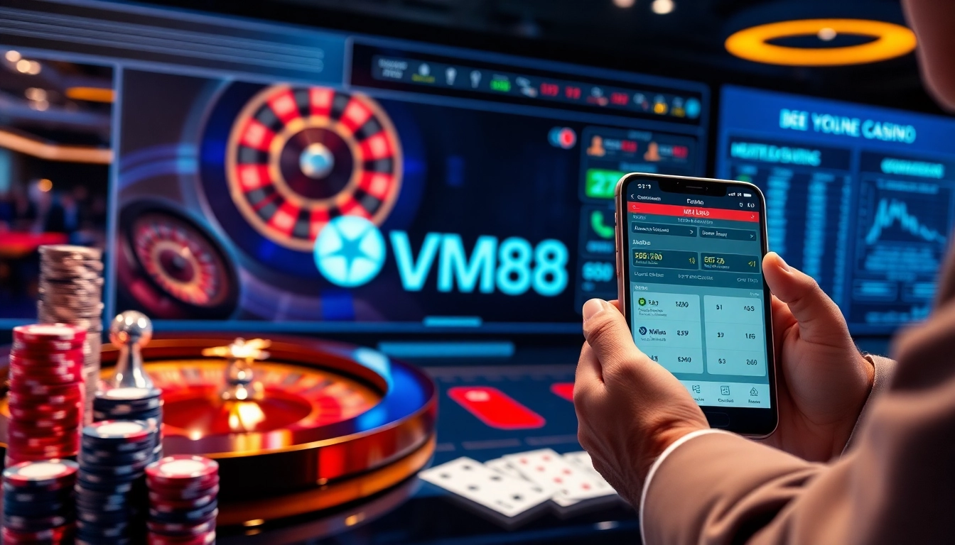 VM88 online casino interface displaying dynamic roulette wheel, poker chips, and live betting odds