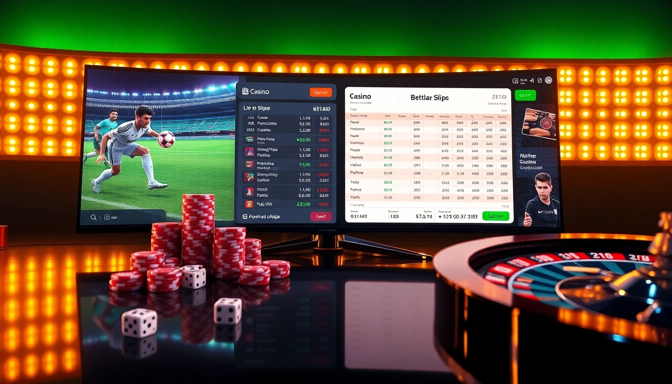 Dynamic betting slip and live football betting interface showcasing Nhà cái cá cược thể thao with poker chips and roulette wheel
