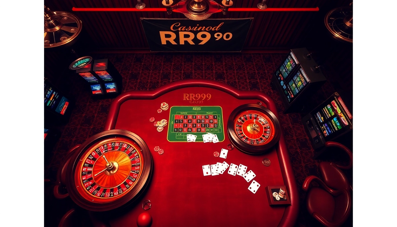 Experience the thrill of RR99 with luxury casino elements like roulette wheels and poker chips.