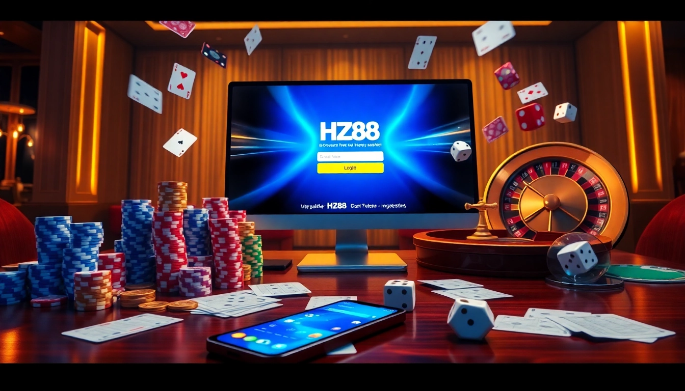 Engaging HZ88 đăng nhập online casino interface with poker chips, roulette wheel, and playing cards