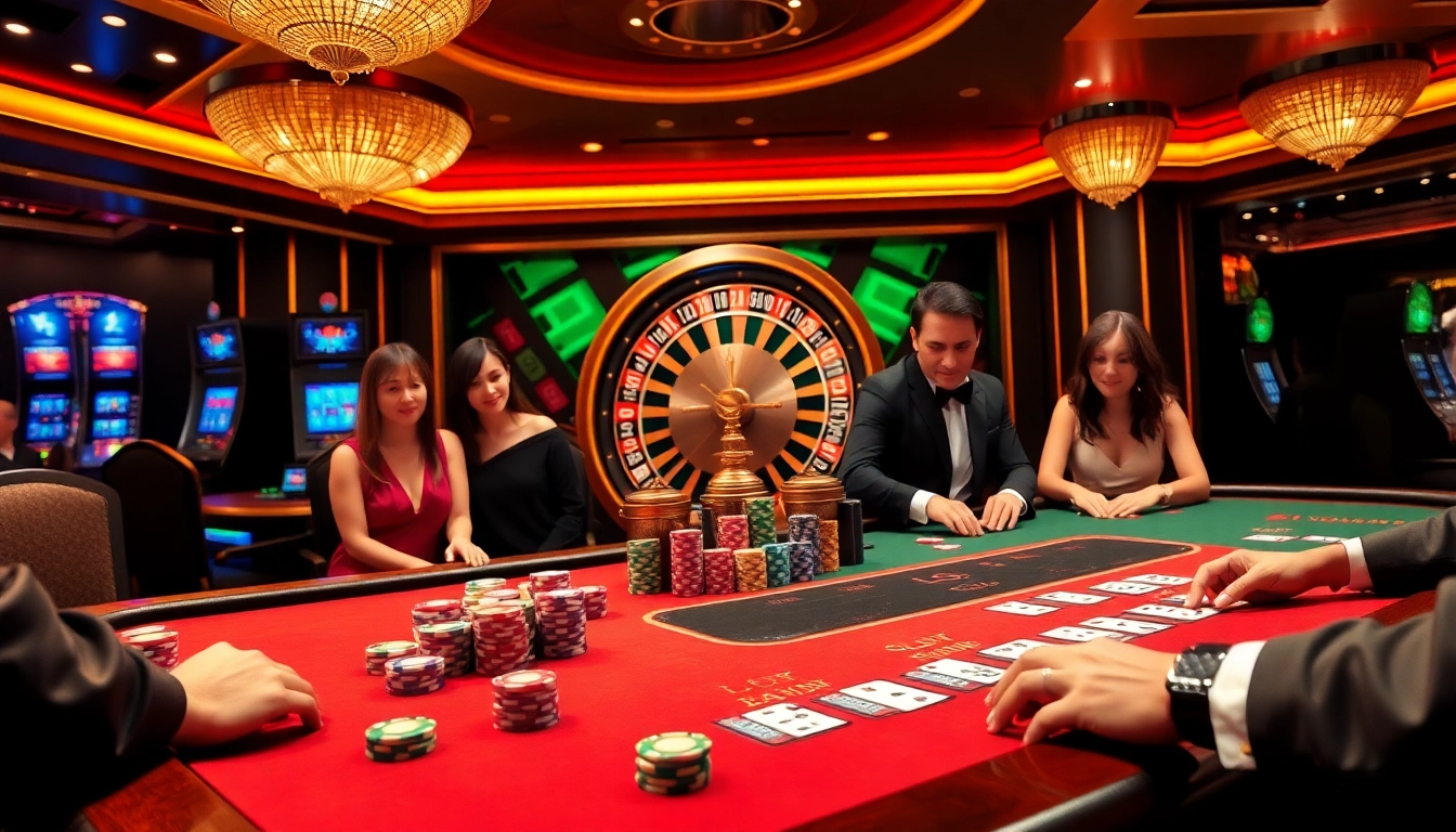 Engage in thrilling games at nhà cái LU88 with vibrant casinos showcasing poker tables and slot machines.