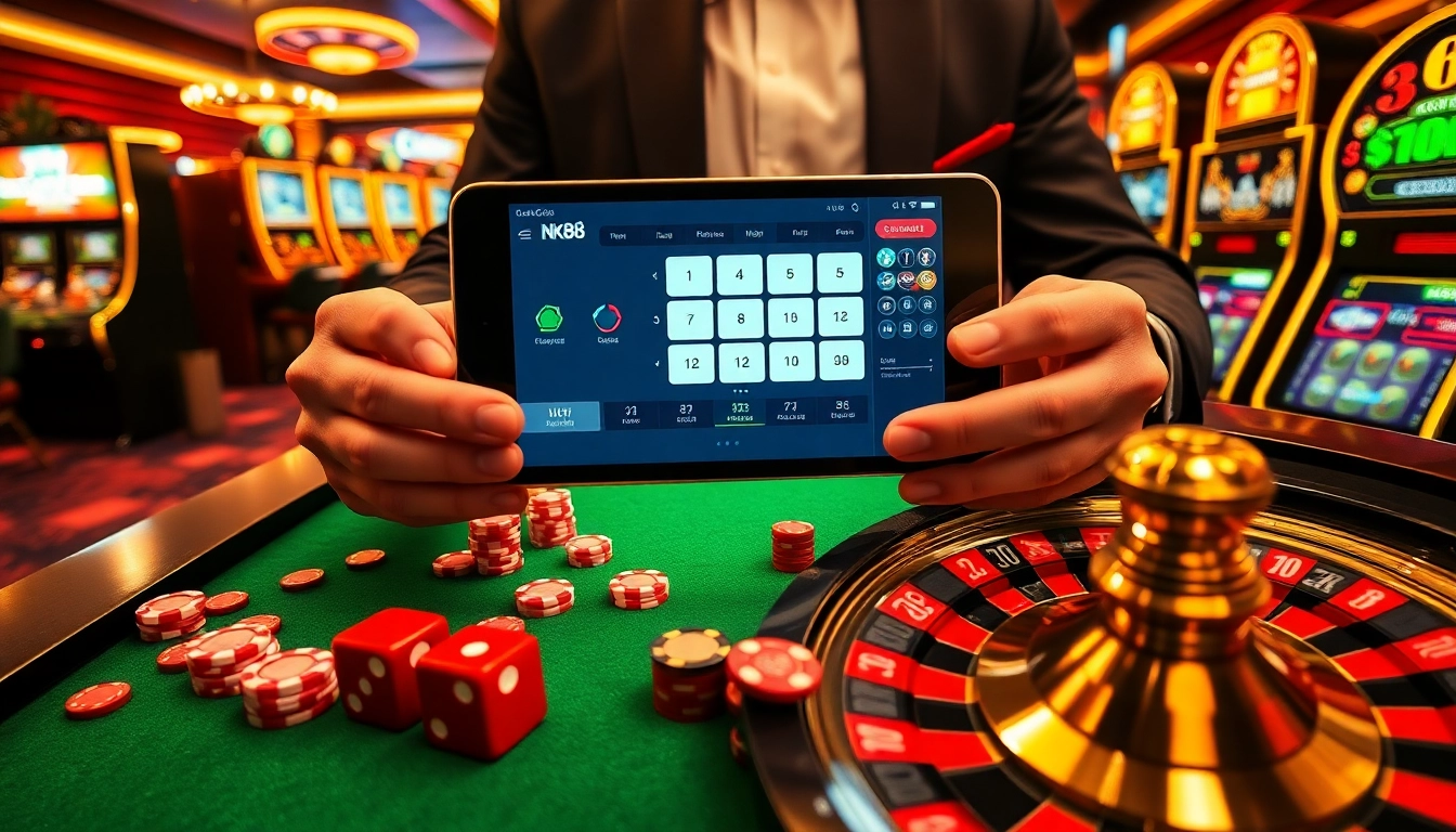 Professional gambler engaging with nhà cái NK88 online casino games, showcasing secure betting and vibrant table play